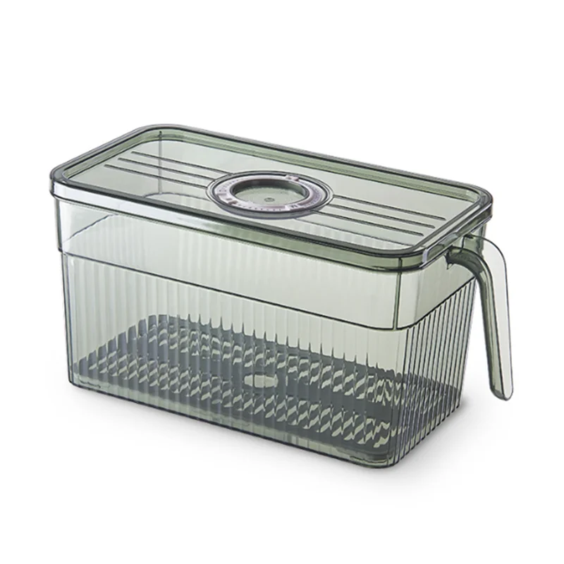 Clear Stackable Fridge Refrigerator Organizer Bins with Timer, Handle, Separation Drainage Board, Lid