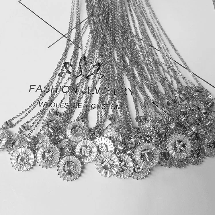 NZ1004 Silver Copper White Cubic Zirconia Diamond 26 Alphabet Letter Charm Pendant Necklaces A-Z Initial Necklace for Girl Women