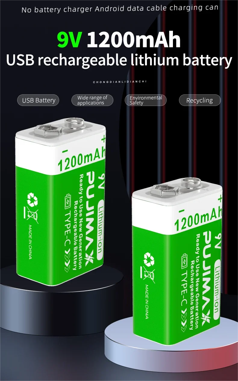PUJIMAX New Style Type C Lithium ion Batteries 2PCS/Card 1200mAh 9V Li-ion Battery USB C 9V Rechargeable Battery For Multimeter