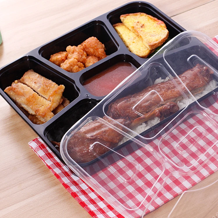 Disposable Microwable 5 Compartment Take Out Plastic Fast Food Containers For Food With PP Lid