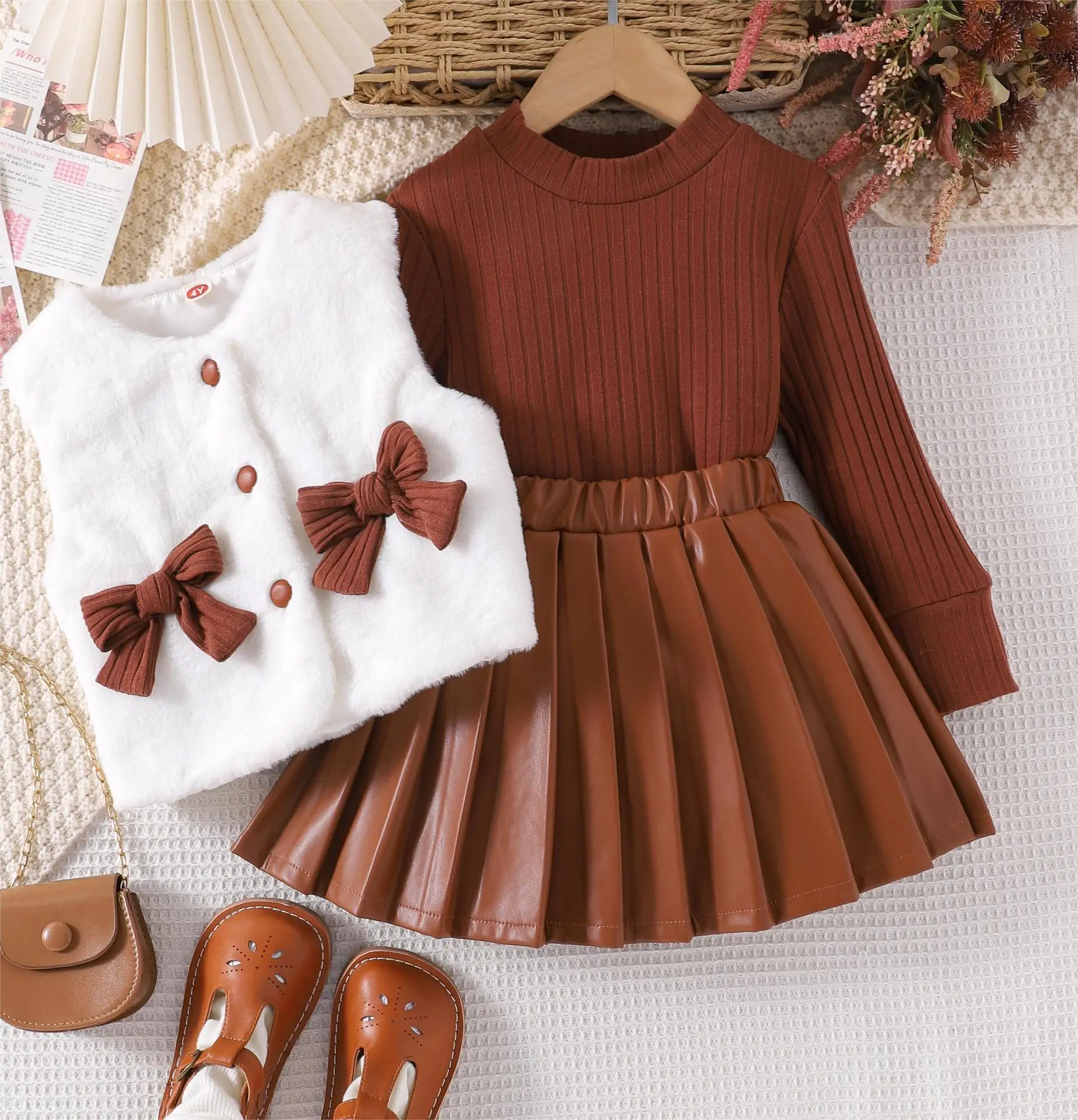 Hot sale Girls Autumn Winter Clothes Sets Kids Clothing Long Sleeved Top Pleated Short Skirt Furry Vest Bow   Children  Outfits