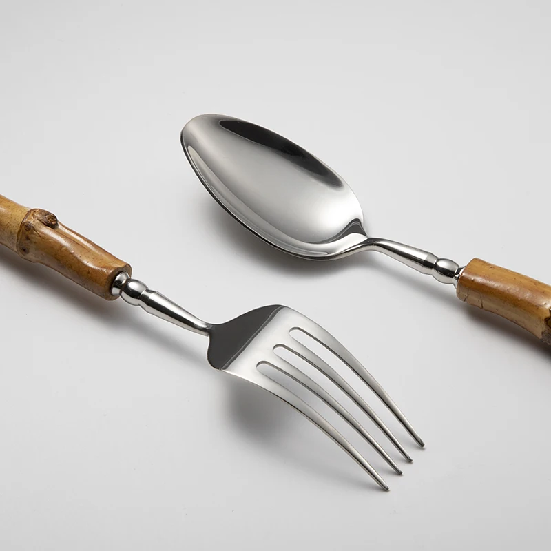 Wholesale Home Mirror Polished 304 Silver Spoons Forks And Knives Original Bamboo Cutlery Set