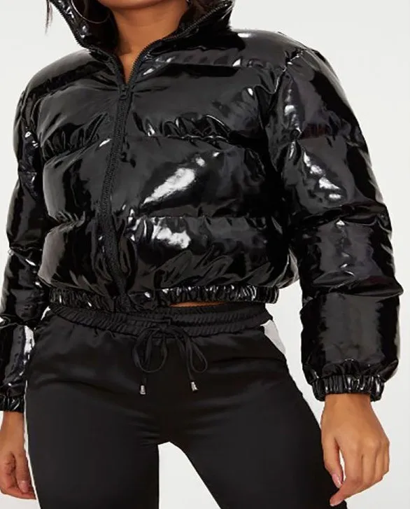 2021 neon green shinny cropped long sleeve women bubble winter coat puffer jacket