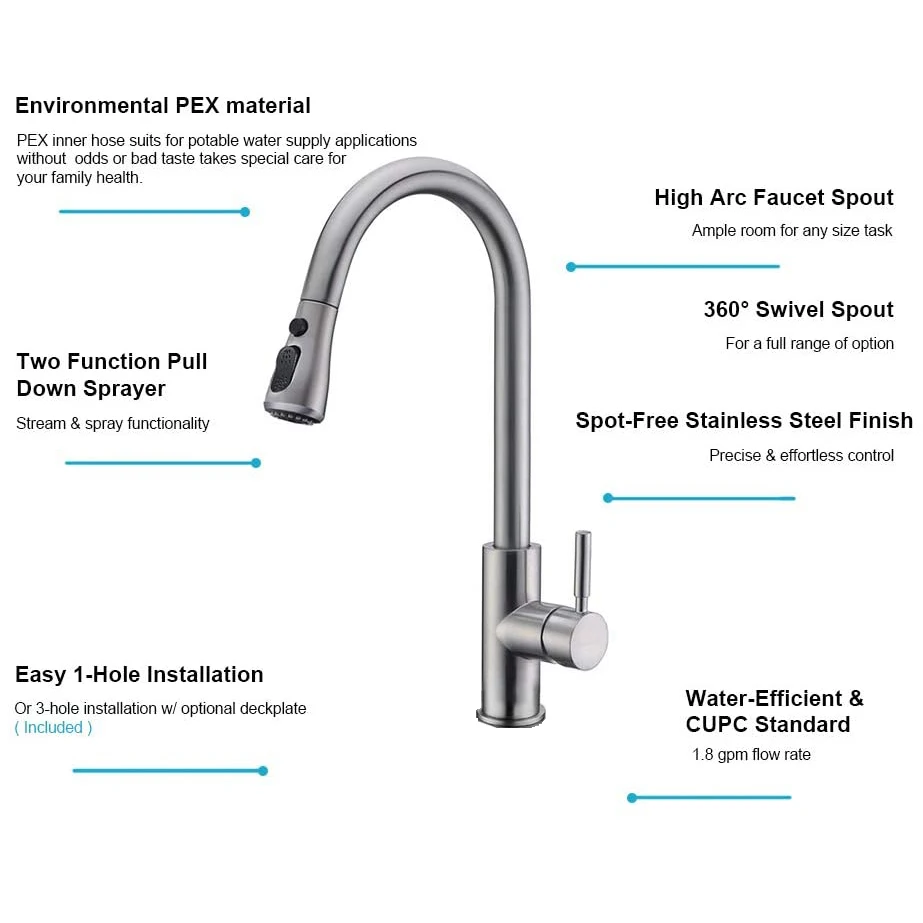
single handle 304 stainless steel pull out kitchen faucet with deck plate 
