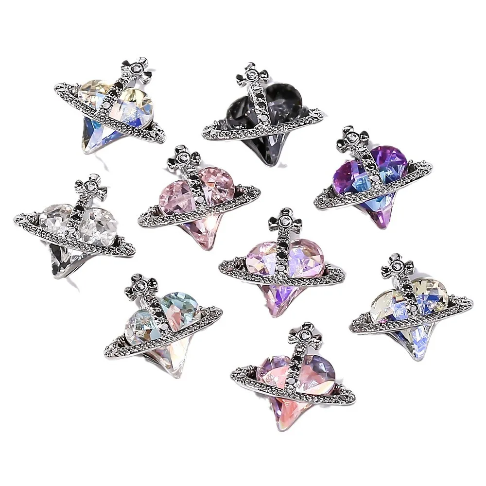 wholesale Nail jewelry saturn heart western empress chrome heart nail rhinestone charms planet western nail art for manicure
