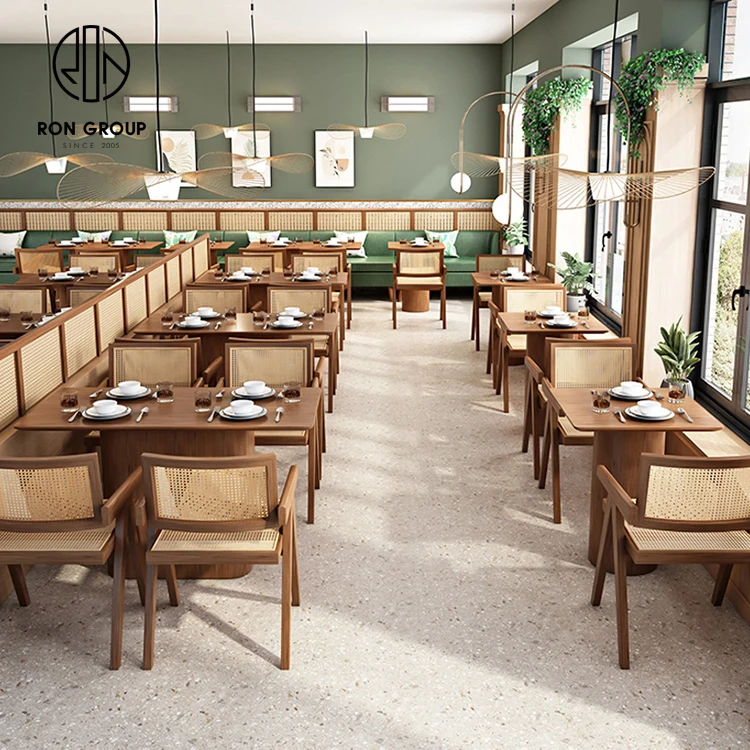 Modern Commercial Custom Color Restaurant Furniture Rattan Leather Sofa Booth Seating Wood Cafe Restaurant Table and Chair Set