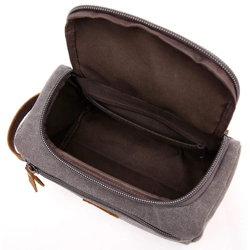 
Aosheng Custom Wholesale Black Shaving Dopp Kit Vintage Luxury Leather Canvas Pouch Men Travel Cosmetic Bag 