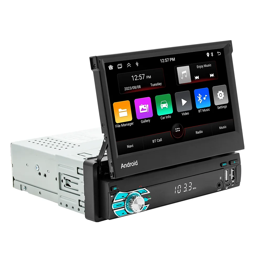 1 din 7' Android Car Radio Retractable Touch Screen Wireless Carplay Gps Navigation Wifi Bt Fm Rds  Stereo Auto Multimedia