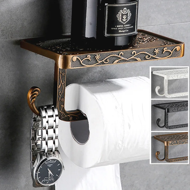 Tissue Holder with Mobile Phone Shelf Bathroom aluminium antique gold toilet paper holder wall-mounted Paper Towel Roll Holder