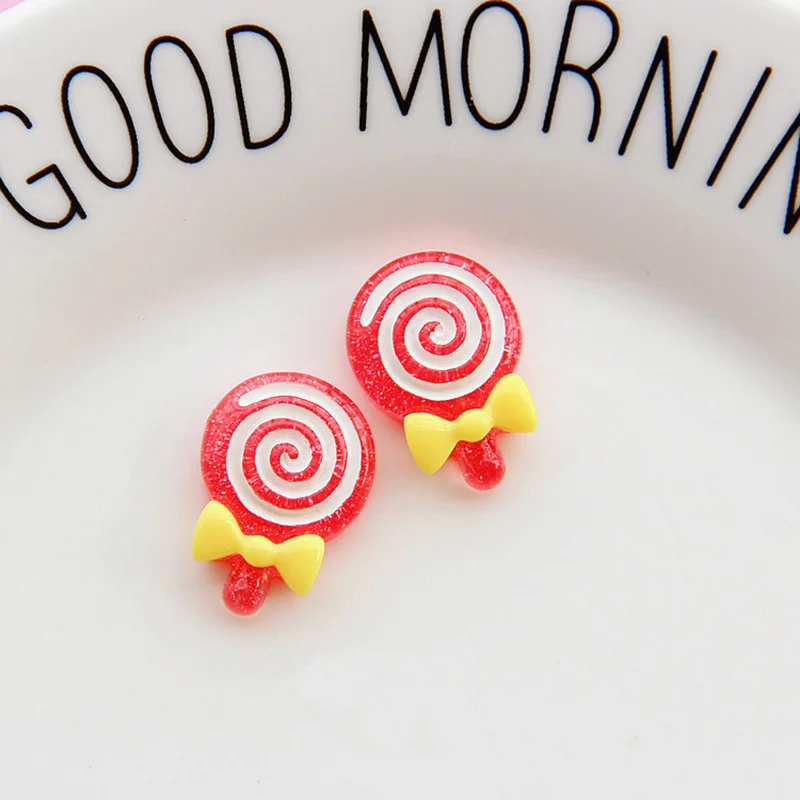 Free Shipping Colorful Adorable Glitter Bowknot Lollipop Resin Candy Accessory Scrapbooking Flatback Cabochons Resin Ornament
