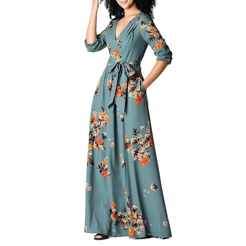 Excellent Quality Custom Flutter Floral Dress Long Sleeve Print Maxi Dress Classic Summer Holiday Casual Dress With Belt Pockets