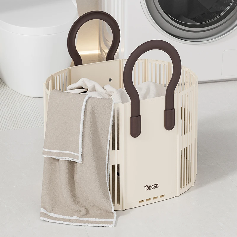 Rmier Light Weight Foldable Plastic Dirty Clothes Basket Round Large Capacity Laundry Basket With Handle