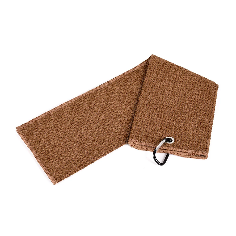 Absorbent tri-fold waffl texture micro fiber custom pattern gym club golf towel with hook