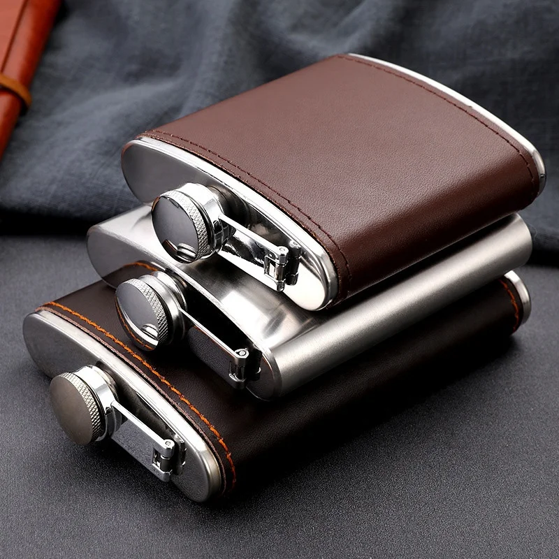 Wholesale personalised 6oz metal stainless steel whisky hip flask mini pocket leather whiskey flask gift set alcohol flask