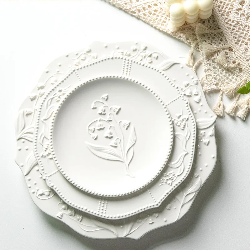 Europe style lily of the valley series relief ceramic dishes Western food pastry dessert deep plate home hotel tableware