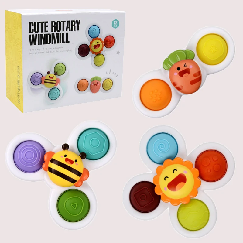 3PCS Cartoon Animal Suction Cup Spinner Toy Baby Bath Toys Hand Spinning Anime with Sucker Water Play Toys for Baby Kids Gift