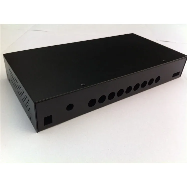black powder coated low carbon steel sheet metal stamping bending forming fabrication industrial electronic enclosure