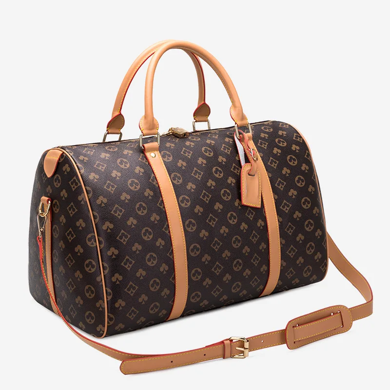 Custom Brand Logo Printed Black Zipper Luggage Travel Bags Checkered Vintage Weekender Luxury Men Women Hand Leather Duffle Bag