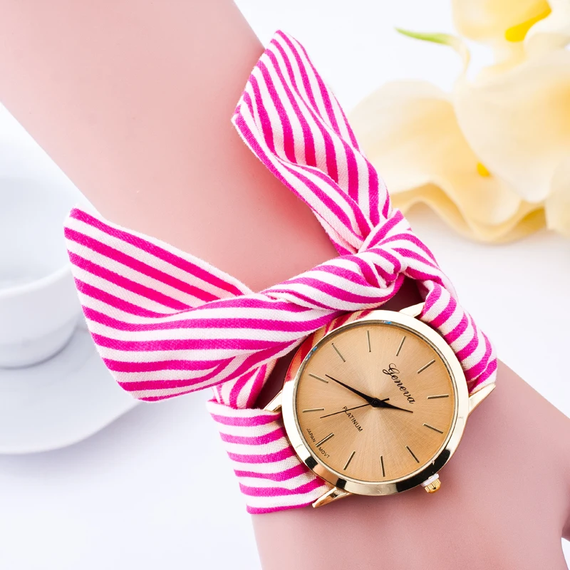 
Women Geneva Watches New Fashion Floral Cloth bow-knot Stripe Quartz Bracelet Wristwatch Lady 