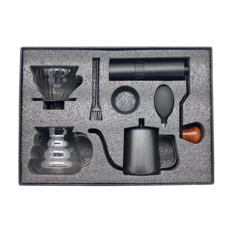Hot Sale Outdoor Manual Drip  Gift Box Packaging Grinder Pot Kettle Pour Over Coffee Maker Set
