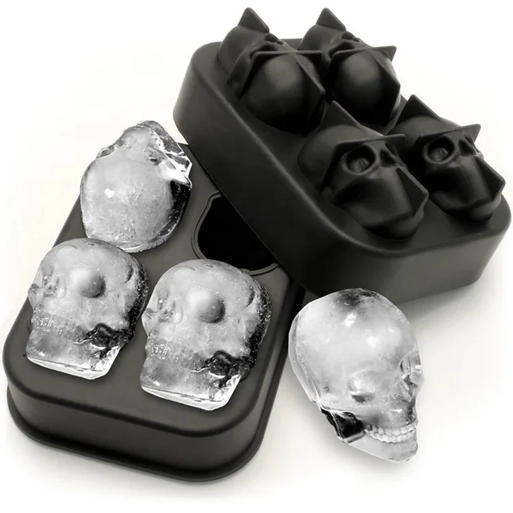 Food Grade Silicone Halloween 4 Grids 3D Silicone Ice Cube Tray With Lids Skull Shape Silicone Skull Ice Grid
