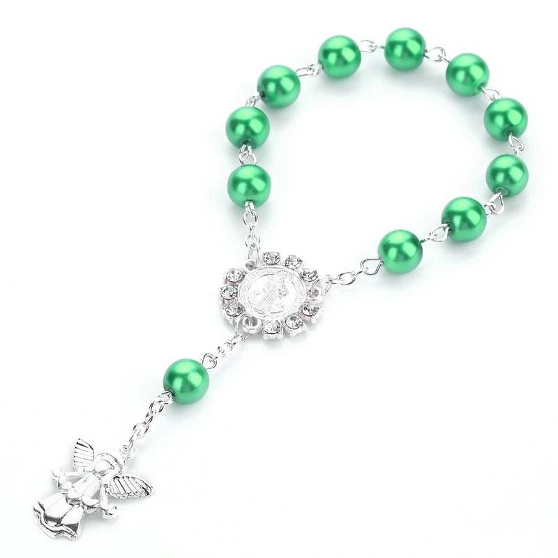 Religious colorful Jewelry Catholic Holy Communion Sublimation Rosary Bracelet Angel Pendants Baptism Gift