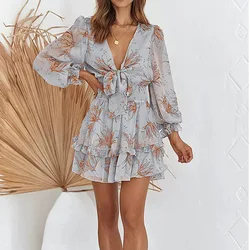 Wholesale women clothing long sleeves floral print dress fashion V neck lace up ruffle casual dresses