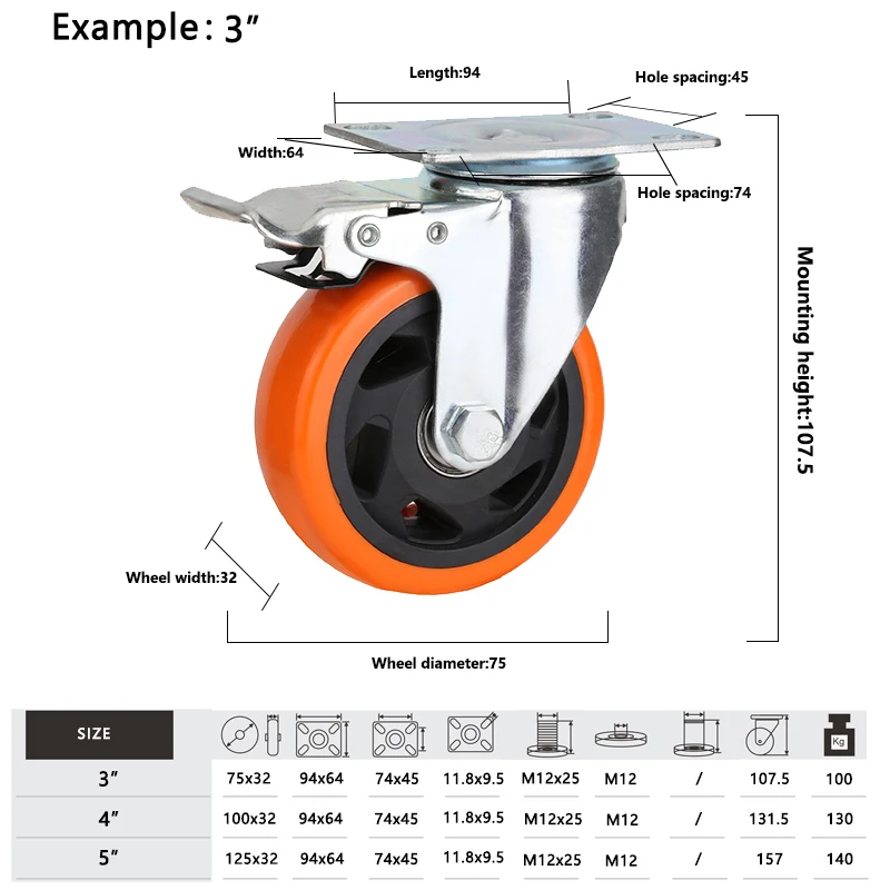 4 Inch 5 Inch Pu Table Trolley Casters Wheels Lockable Swivel Medium Duty Furniture Plastic Castor Wheel