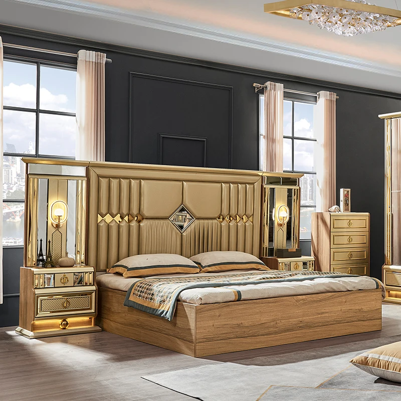 Wooden Modern Gold King Size Bed Double Master Room Villa Home Royal Full Queen Wood Luxury Bedroom Furniture Set