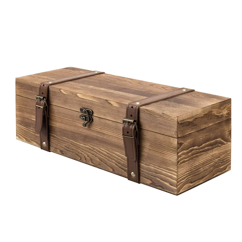 Vintage Brown Wood Single Bottle Wine Gift Box with Leatherette Straps Wooden Gift Box