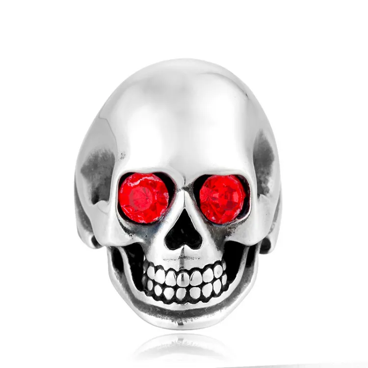 Black Plated Skull Rings Sterling Silver Band Rings with Garnet Cubic Zirconia Personality Jewelry for Women Men