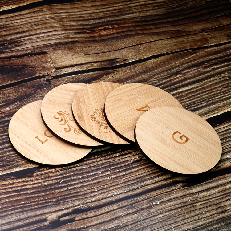 Laser cut and laser engraved round Bamboo wood cup coaster for drink