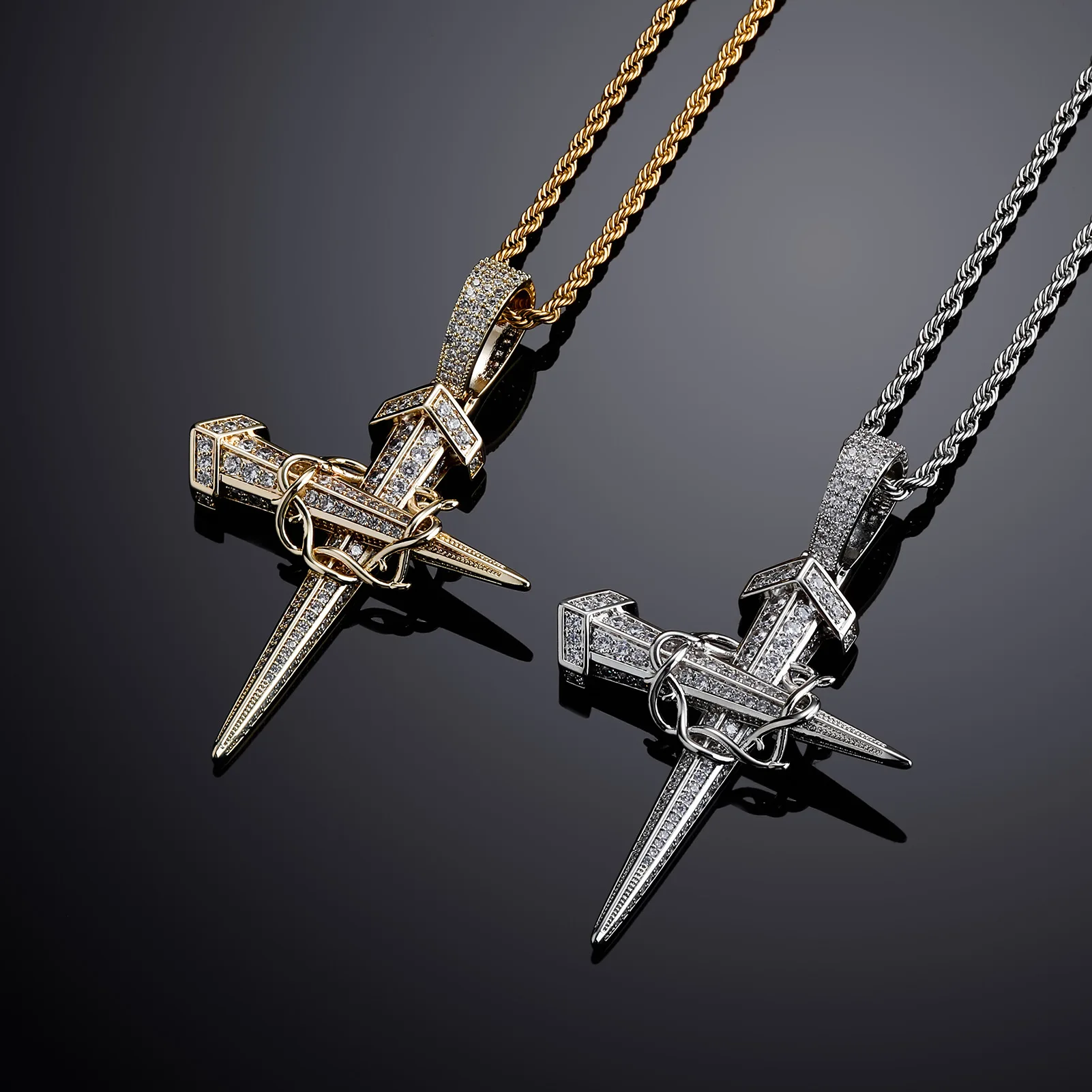 Hop Hop Jewelry 18K gold men hip hop cross necklace Double sword pendant mens gold plated pendant
