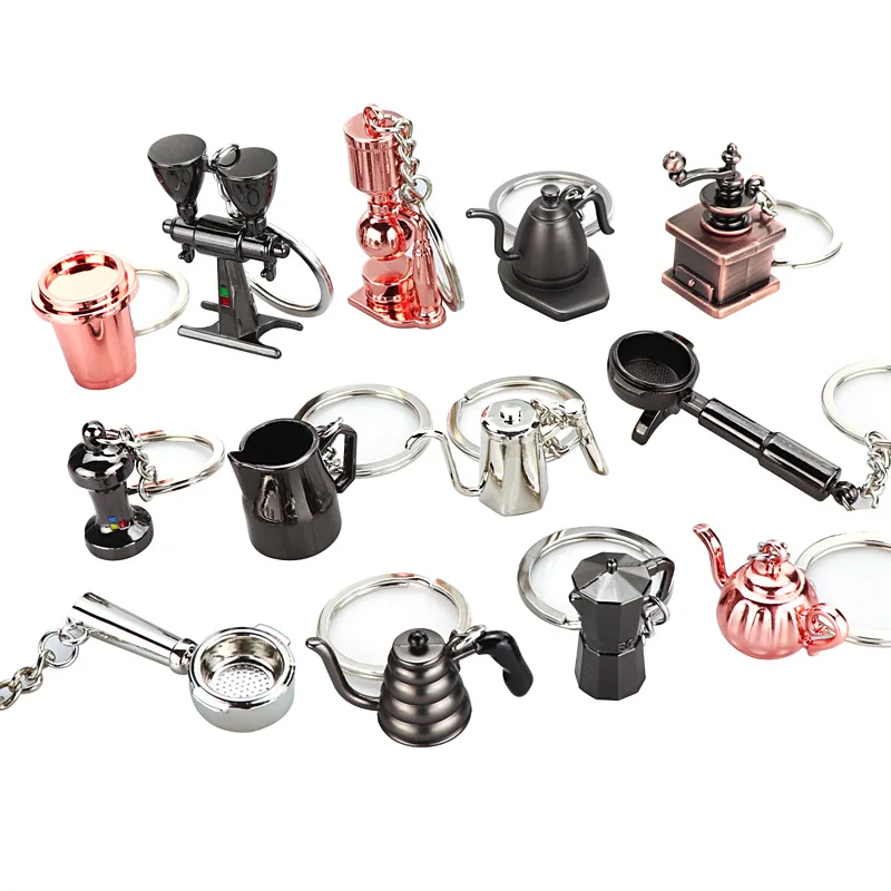 Customized Creative Coffee Appliance Pendant Business Small Gift 3D Metal Coffee Cup Keychain Mini Moka Pot Keychain