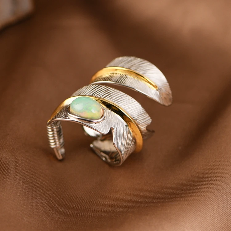Authentic silver jewelry S925 Sterling Silver Ring Fashion Gold Plated Feather Set Opal Adjustable Ring for Women