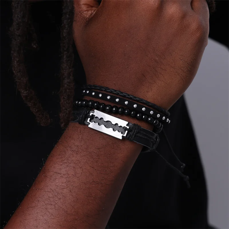 Trendy Men Jewelry  Braided Leather Rope Bracelet Adjustable Custom Punk Men Wrist Band  Bracelets wholesale