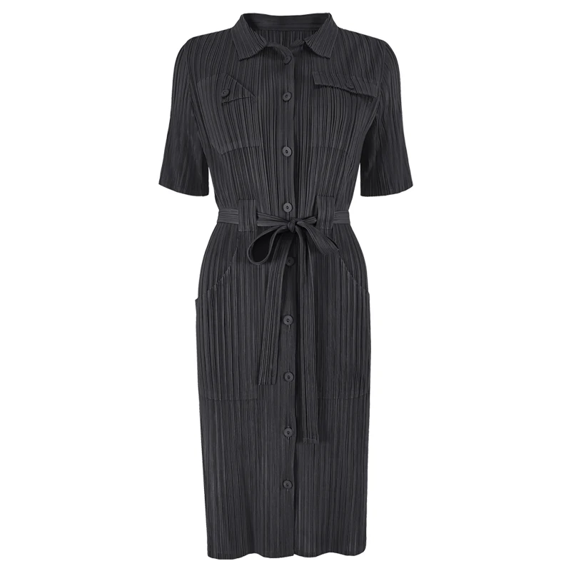 2021 Miyake European and American ladies high-end elegant fashion temperament plain short sleeve shirt large skirt wholesale