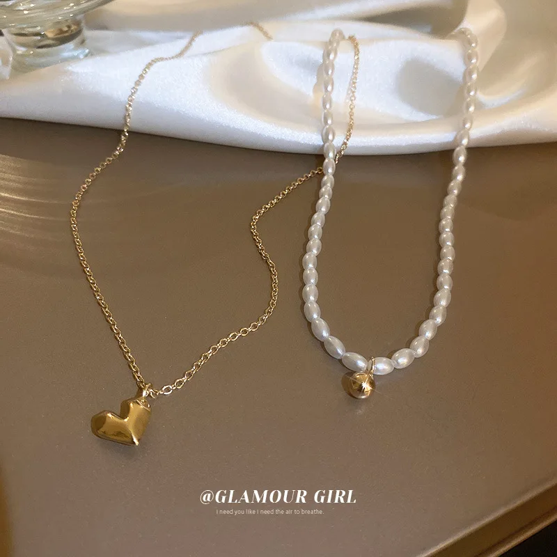 Fashion Temperament Pearl Love Necklace Personality Double Layer Chain INS Popular Clavicle Chain Women Jewelry