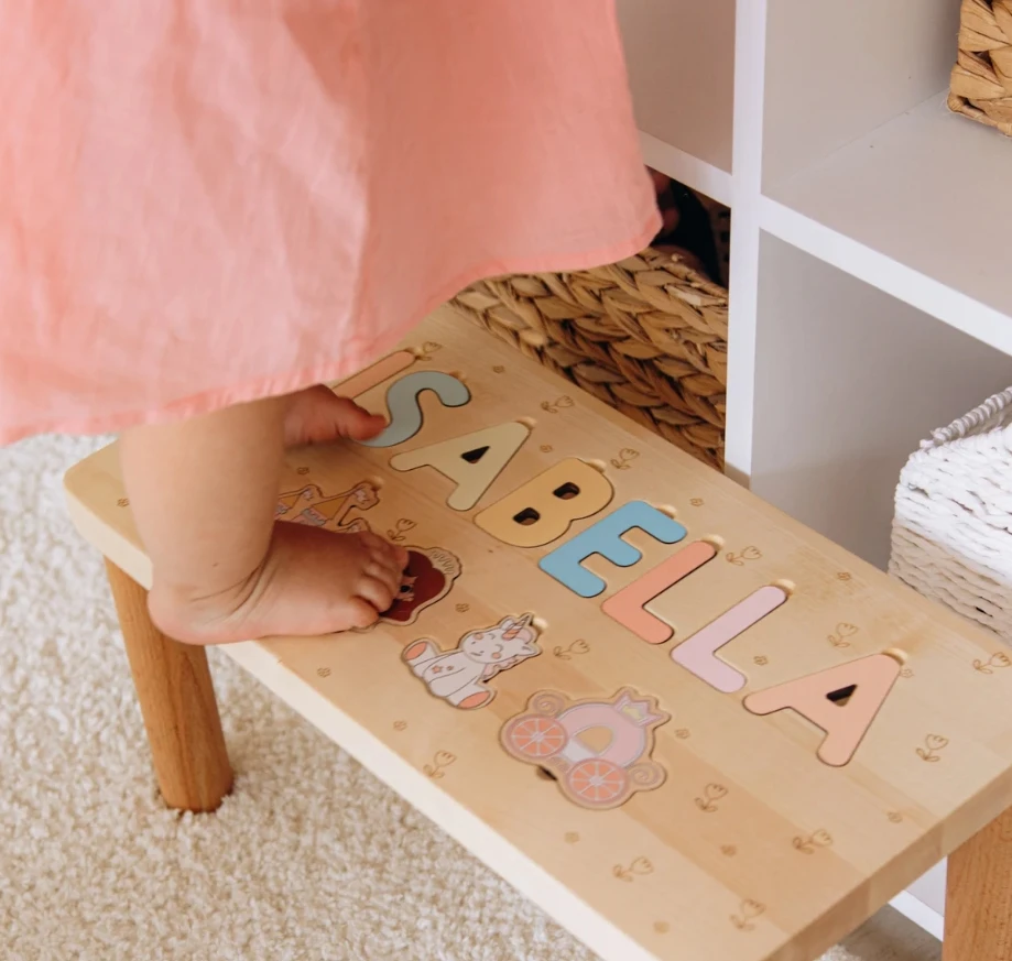 W427 Wooden Name Puzzle Stool Toddler Step Stool