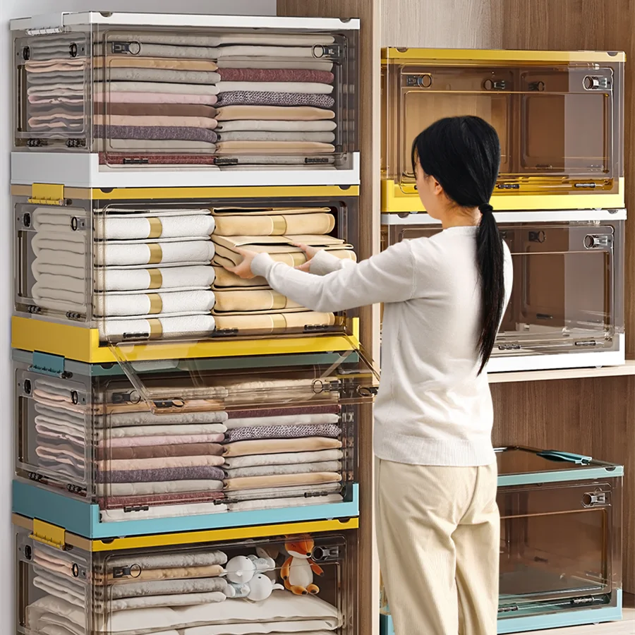 Factory five door open folding storage box large capacity plastic clothes books snacks collapsible storage box with wheels