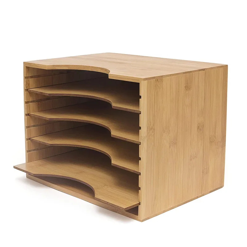 Factory wholesale Natural Bamboo File Organizer Paper Sorter with 5 Adjustable Divider Shelves