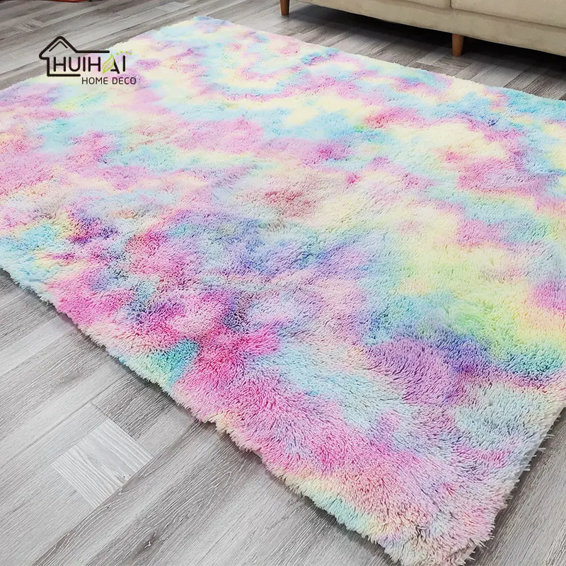 Hot sale fluffy persian carpet rugs home decor shaggy bedroom carpets and rugs Tie dye rainbow area rug carpet tile decoration