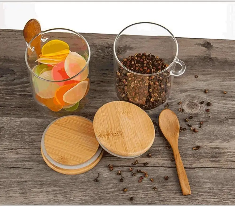 Jar Heat Resistant Storage Tank Condiment Bottles Wooden Lid Creative Machine Kitchen Glass High Borosilicate with Spoon Bamboo