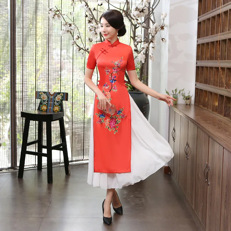 Wholesale Ad7 Improved Cheongsam Vietnam Aodai Skirt Long Dress Women Slim Retro Chinese Style