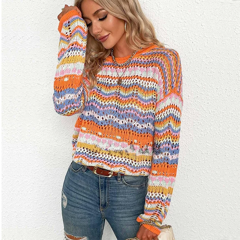 Factory Custom Wholesale Women Long Sleeve Crochet Sweater With Pointelle Casual Knit Women Clothing Sweater Pullover