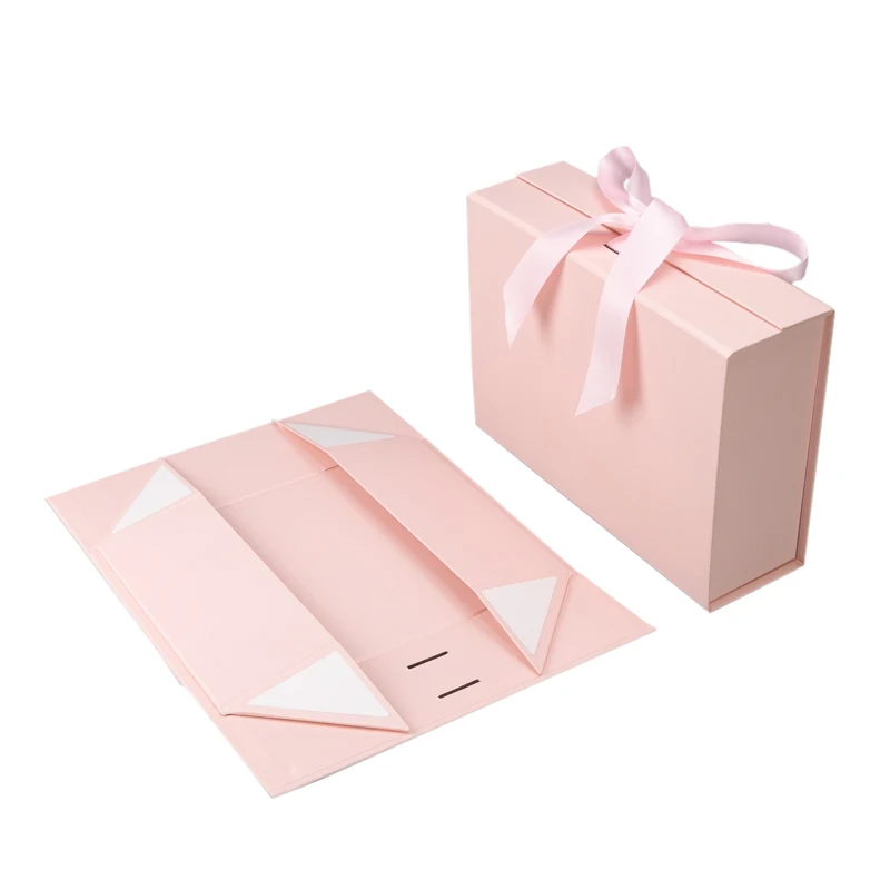 Custom printed collapsible folding magnetic rigid gift paper packaging boxes with ribbon