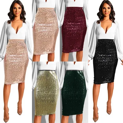  2021 Summer Sequin Skirts Women Straight Knee Length Glitter Pencil elegant Skirt for