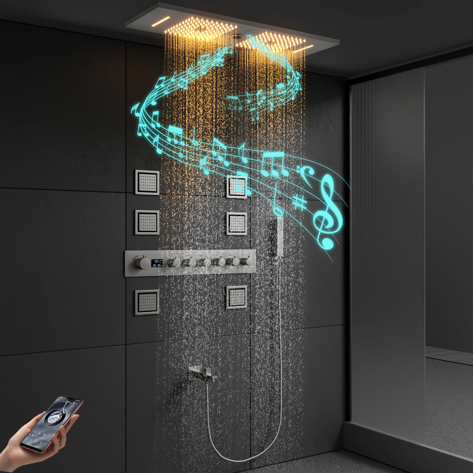 36*12inch LED Music Shower Head Smart Modern Bathroom Hot and Cold Digital Display Shower System Set With Bath & Shower Faucets