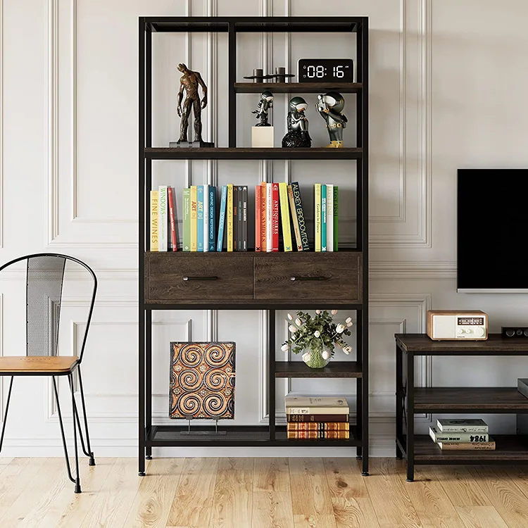 Vekin Furniture Tall Bookshelf Industrial Bookcase Wooden and Metal Frame Storage Shelves Bookrack with Drawers