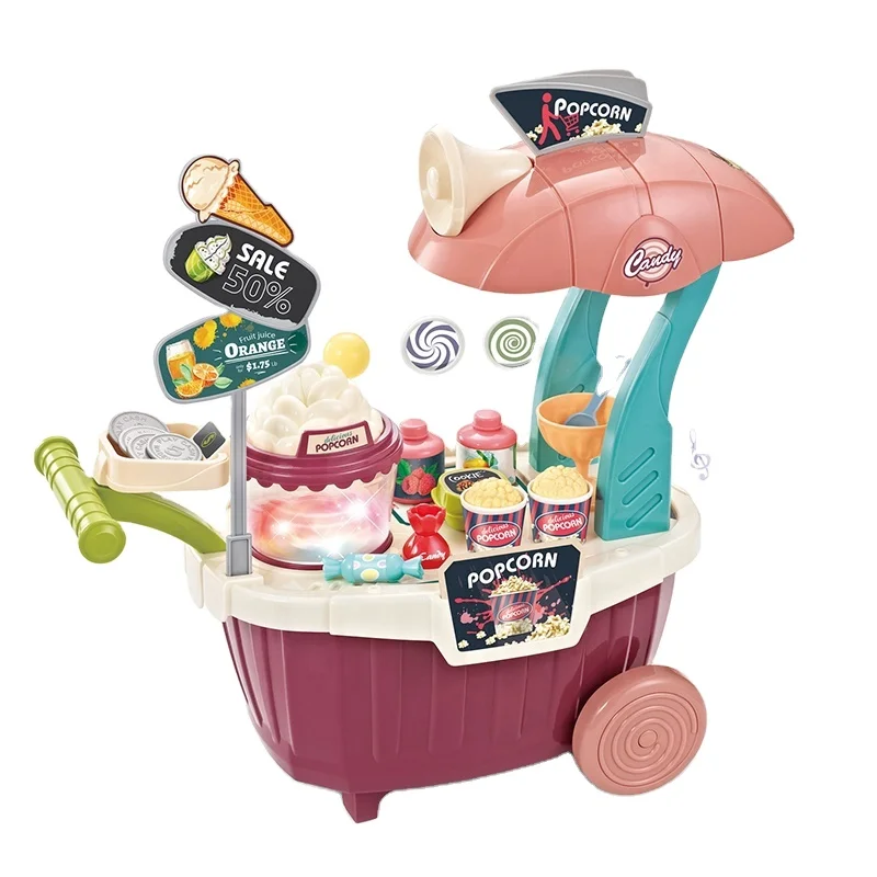 Role Play Baby Toys Supermarket Suitcase Toy Children Play House Cart Mini Popcorn Car Toy With Music And Light